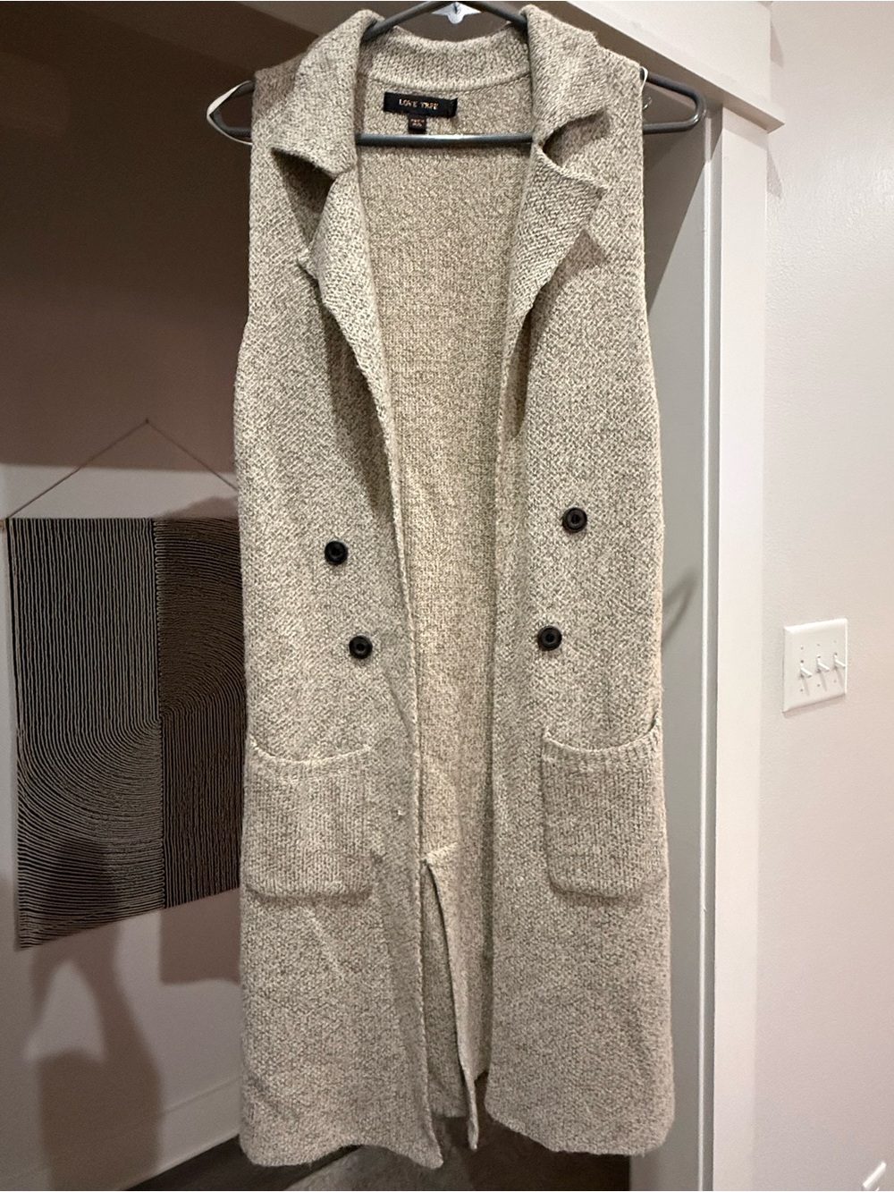 Love Tree Knit Sleeveless Cardigan Vest - Beige Oatmeal